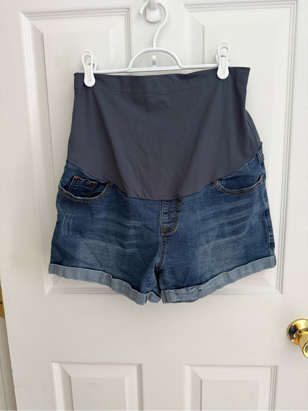 Maternity Denim Shorts with Stretch Waistband - Dark Blue/Gray
